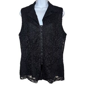 Vintage Lace Top Sexy Corset Style Front Clasp Closure Black Sleeveless Size 14